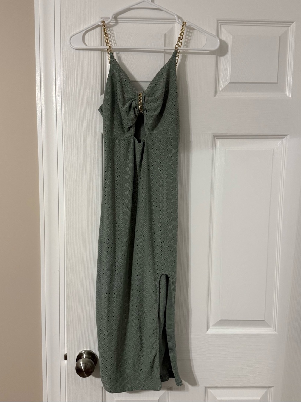 Elegant Olive Green Maxi Dress with Gold Chain Straps